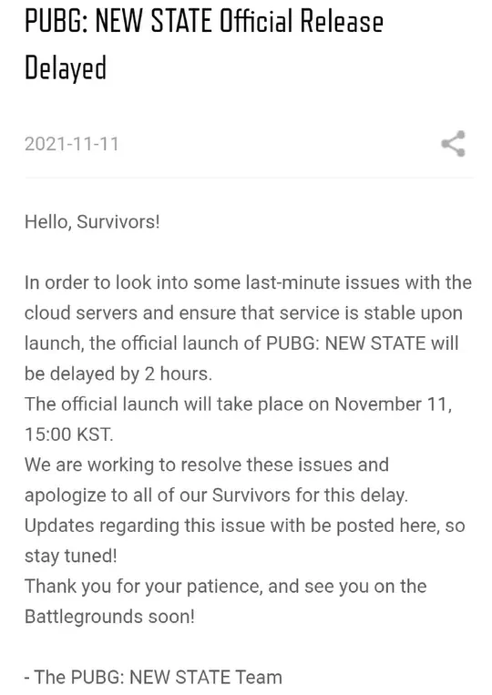 PUBG Statement on New State Release